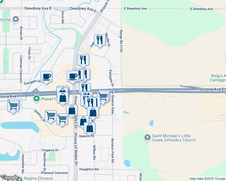map of restaurants, bars, coffee shops, grocery stores, and more near Woodland Grove Drive in Richardson