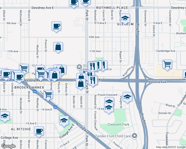map of restaurants, bars, coffee shops, grocery stores, and more near 1922 Rothwell Street in Regina