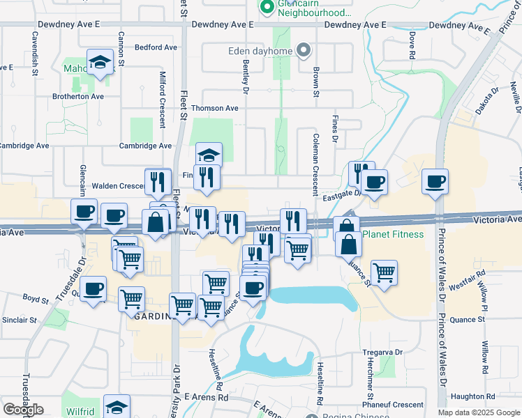 map of restaurants, bars, coffee shops, grocery stores, and more near 2730 North Service Road in Regina