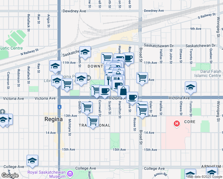 map of restaurants, bars, coffee shops, grocery stores, and more near 1930 Hamilton Street in Regina