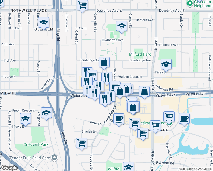 map of restaurants, bars, coffee shops, grocery stores, and more near 1852 Victoria Avenue East in Regina