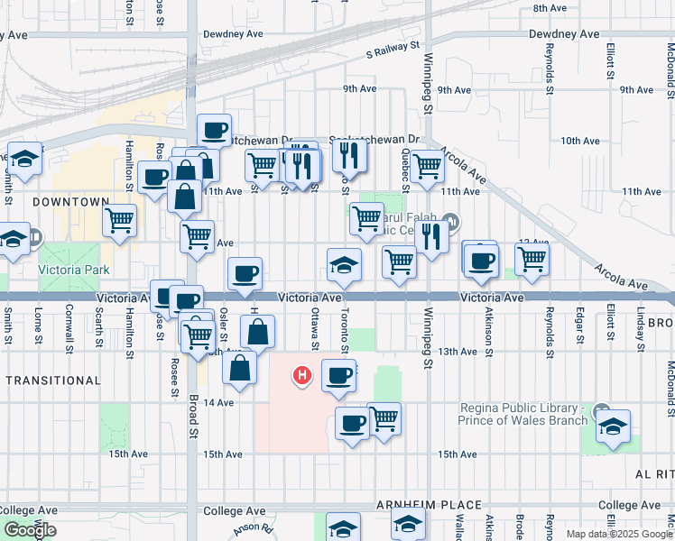 map of restaurants, bars, coffee shops, grocery stores, and more near 1940 Toronto Street in Regina