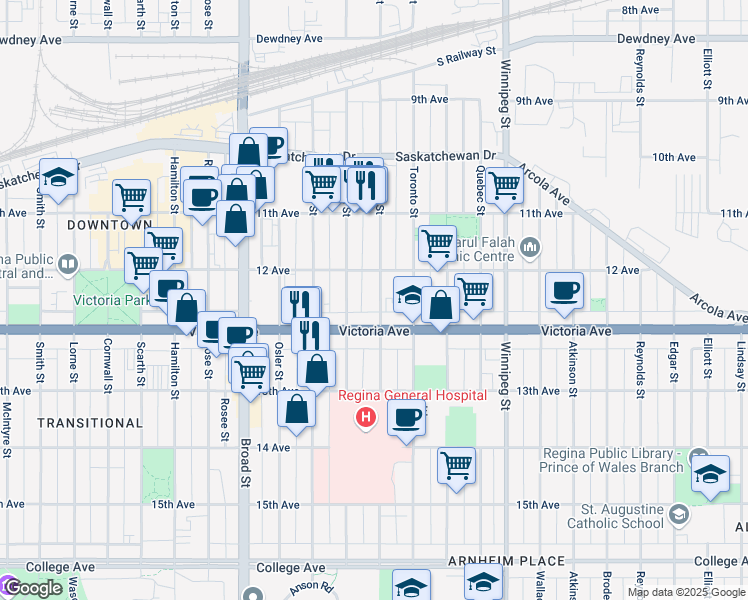 map of restaurants, bars, coffee shops, grocery stores, and more near 209 Ottawa Street in Regina