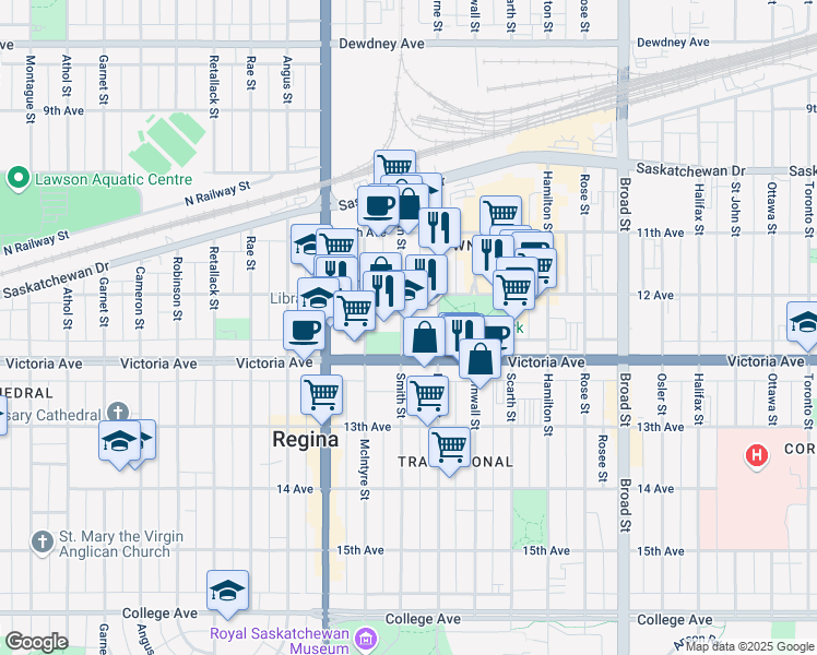 map of restaurants, bars, coffee shops, grocery stores, and more near 1955 Smith Street in Regina