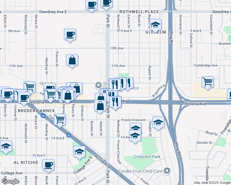 map of restaurants, bars, coffee shops, grocery stores, and more near 1922 Rothwell Street in Regina