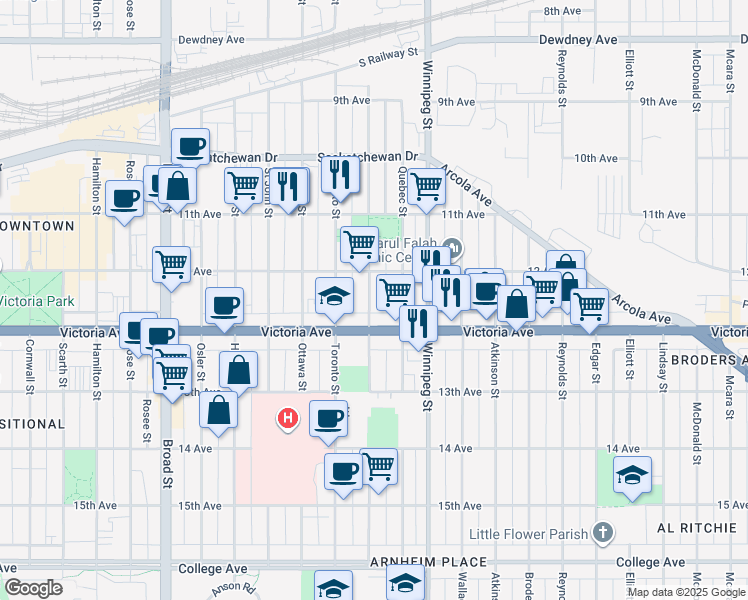 map of restaurants, bars, coffee shops, grocery stores, and more near 1943 Montreal Street in Regina