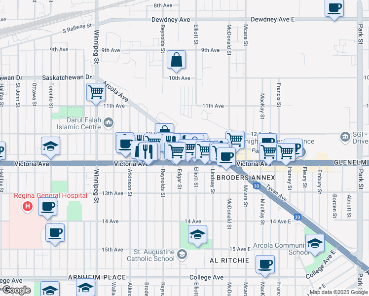 map of restaurants, bars, coffee shops, grocery stores, and more near 1939 Edgar Street in Regina