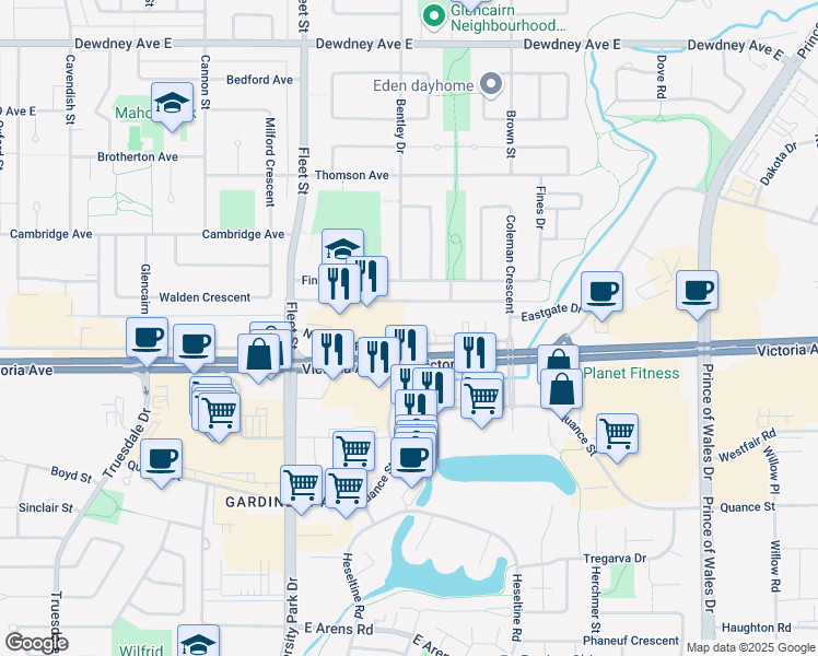 map of restaurants, bars, coffee shops, grocery stores, and more near 2730 North Service Road in Regina
