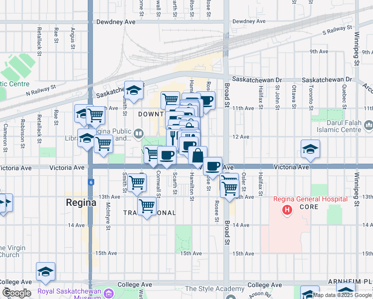 map of restaurants, bars, coffee shops, grocery stores, and more near 1930 Hamilton Street in Regina