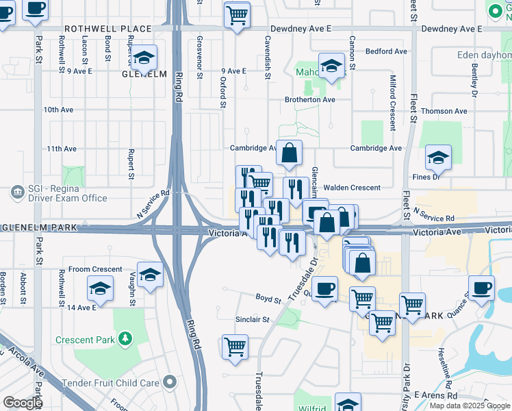 map of restaurants, bars, coffee shops, grocery stores, and more near 1800 Victoria Avenue in Regina