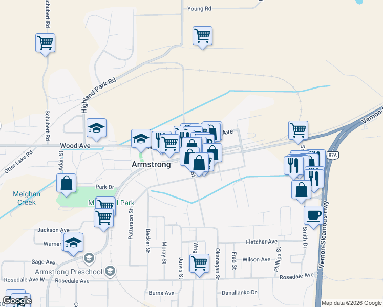 map of restaurants, bars, coffee shops, grocery stores, and more near 3530 Okanagan Street in Armstrong