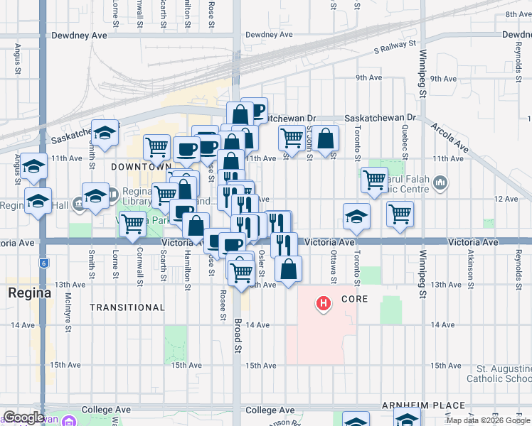 map of restaurants, bars, coffee shops, grocery stores, and more near in Regina
