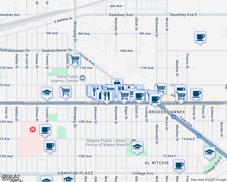 map of restaurants, bars, coffee shops, grocery stores, and more near 1922 Reynolds Street in Regina