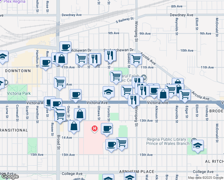 map of restaurants, bars, coffee shops, grocery stores, and more near in Regina