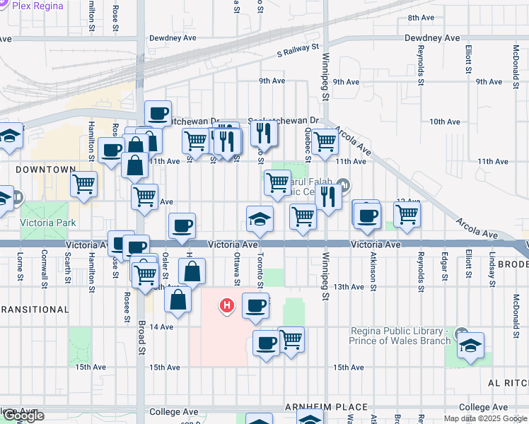 map of restaurants, bars, coffee shops, grocery stores, and more near 1940 Toronto Street in Regina