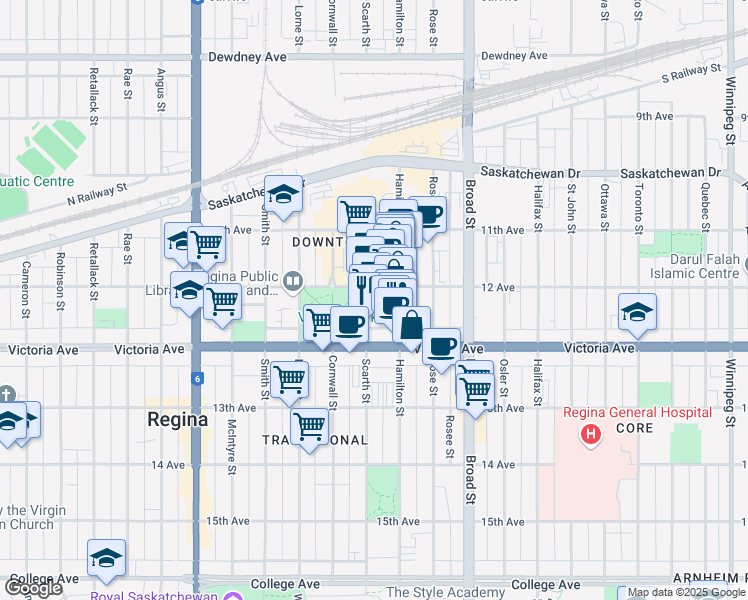 map of restaurants, bars, coffee shops, grocery stores, and more near 1930 Hamilton Street in Regina