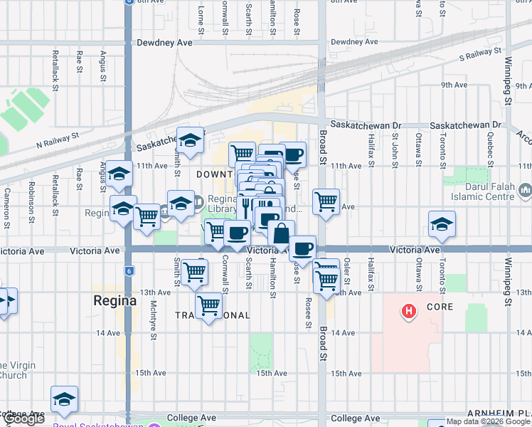 map of restaurants, bars, coffee shops, grocery stores, and more near 1914 Hamilton Street in Regina