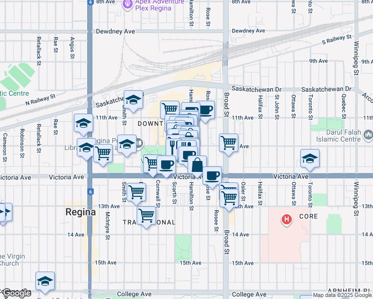 map of restaurants, bars, coffee shops, grocery stores, and more near 1930 Hamilton Street in Regina