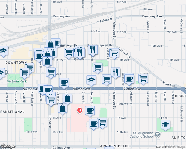 map of restaurants, bars, coffee shops, grocery stores, and more near 1940 Toronto Street in Regina