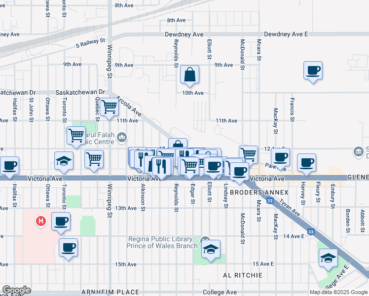 map of restaurants, bars, coffee shops, grocery stores, and more near 500 Arcola Avenue in Regina