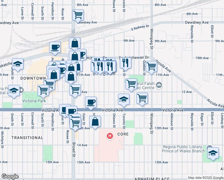 map of restaurants, bars, coffee shops, grocery stores, and more near 1878 Ottawa Street in Regina