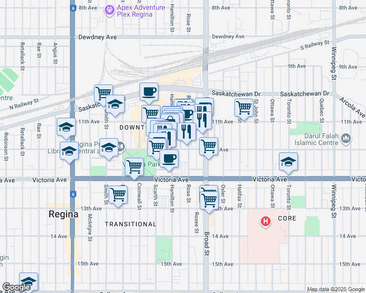 map of restaurants, bars, coffee shops, grocery stores, and more near 1843 Hamilton Street in Regina