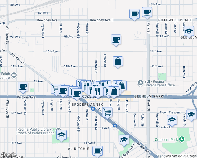 map of restaurants, bars, coffee shops, grocery stores, and more near 1841 Mackay Street in Regina