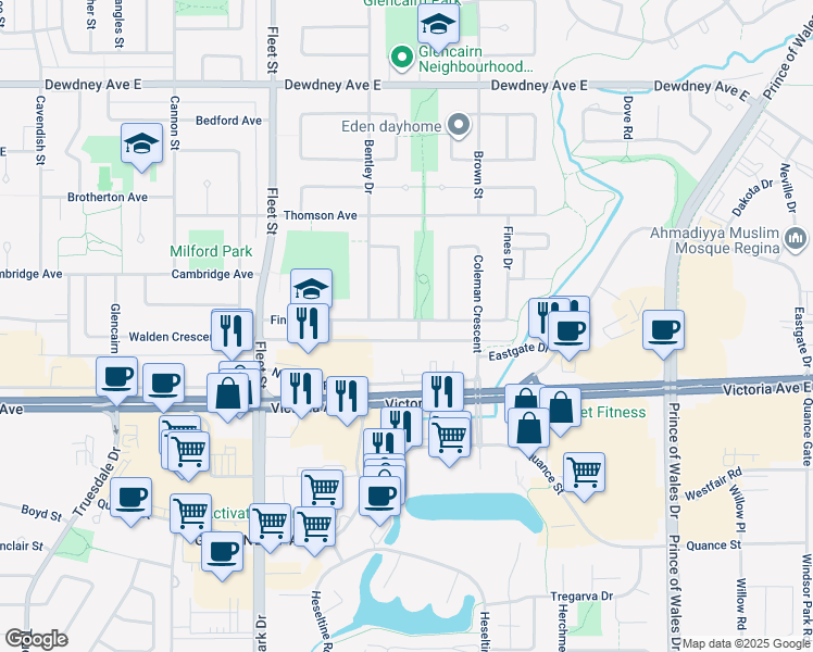 map of restaurants, bars, coffee shops, grocery stores, and more near 71 Denny Crescent in Regina