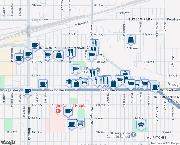 map of restaurants, bars, coffee shops, grocery stores, and more near 1847 Winnipeg Street South in Regina