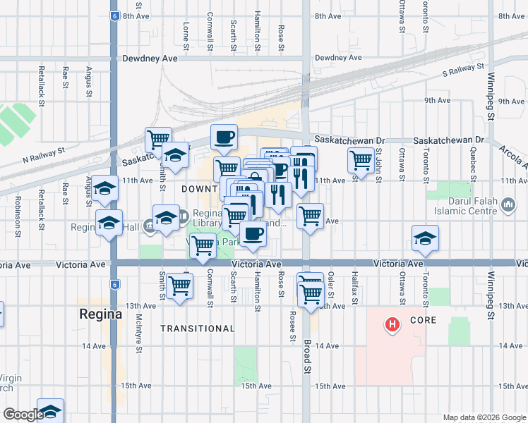map of restaurants, bars, coffee shops, grocery stores, and more near 1867 Hamilton Street in Regina