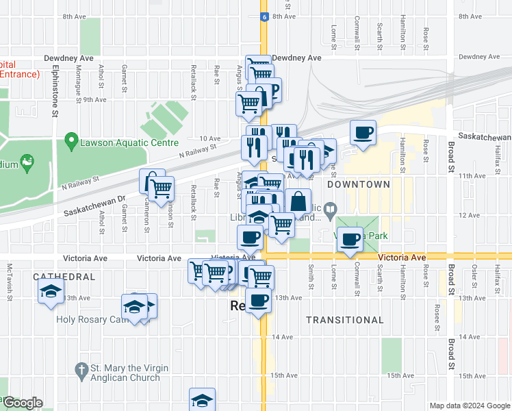 map of restaurants, bars, coffee shops, grocery stores, and more near 1831 Angus Street in Regina