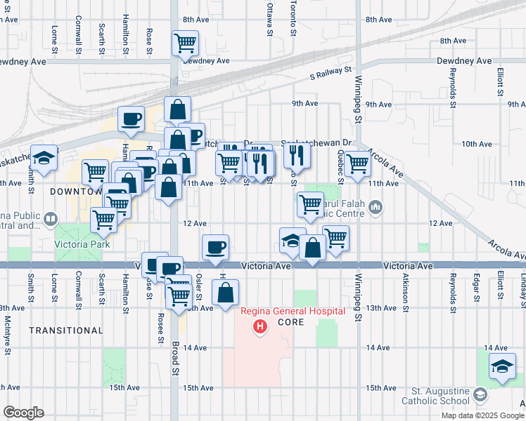 map of restaurants, bars, coffee shops, grocery stores, and more near 1860 Ottawa Street in Regina