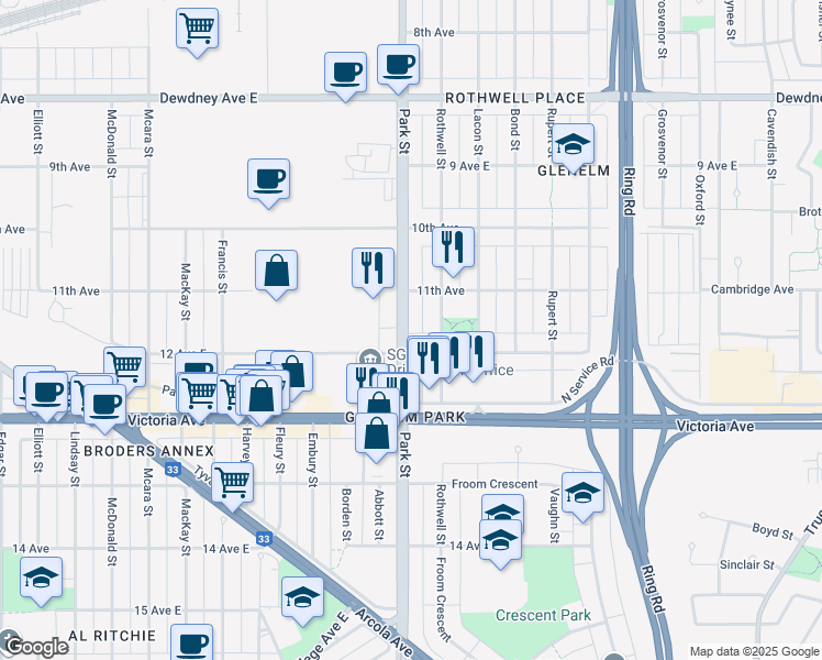 map of restaurants, bars, coffee shops, grocery stores, and more near 1849 Park Street in Regina