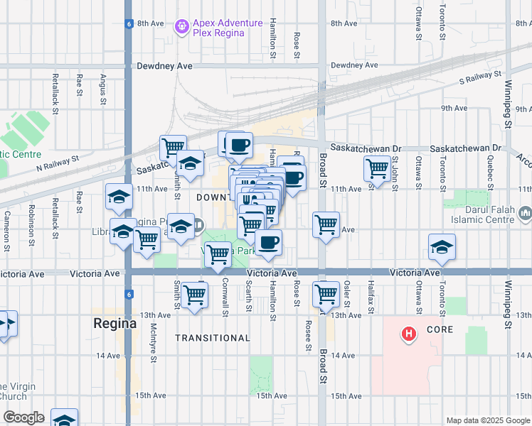 map of restaurants, bars, coffee shops, grocery stores, and more near 1856 Hamilton Street in Regina