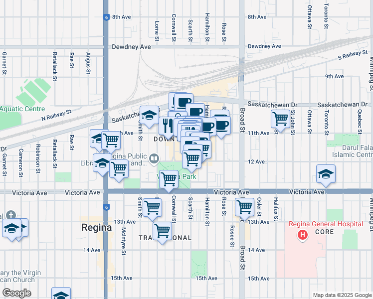 map of restaurants, bars, coffee shops, grocery stores, and more near in Regina