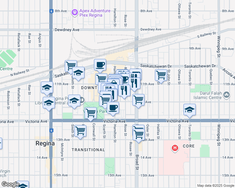 map of restaurants, bars, coffee shops, grocery stores, and more near 1853 Hamilton Street in Regina