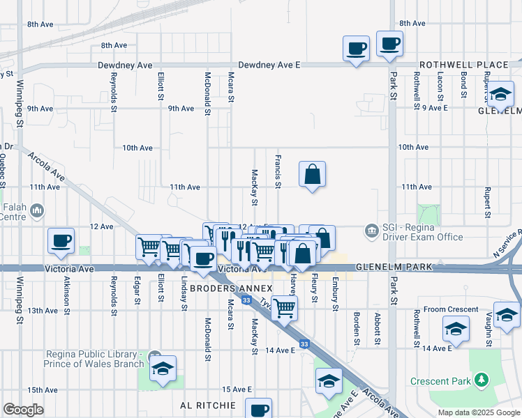 map of restaurants, bars, coffee shops, grocery stores, and more near 1841 Mackay Street in Regina