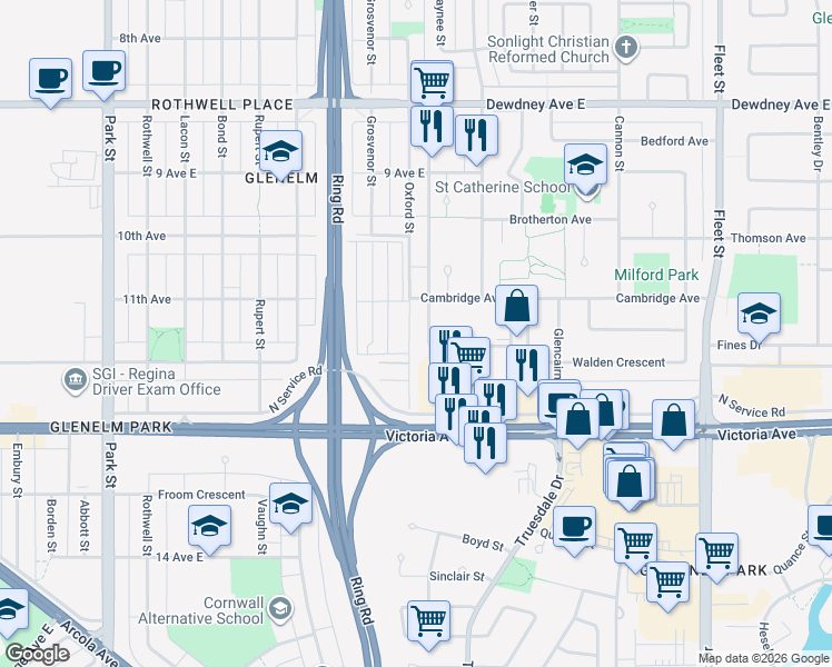 map of restaurants, bars, coffee shops, grocery stores, and more near 47 East Glen Elm Trailer Court in Regina