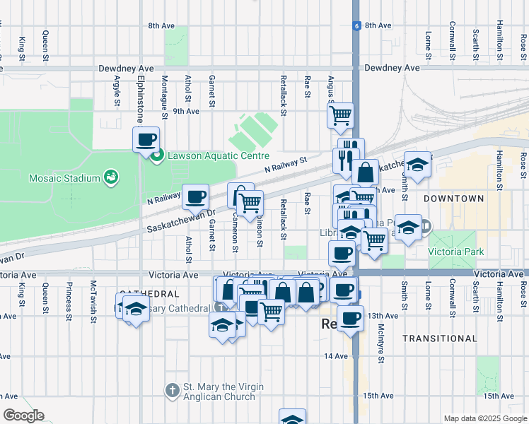 map of restaurants, bars, coffee shops, grocery stores, and more near 1841 Robinson Street in Regina