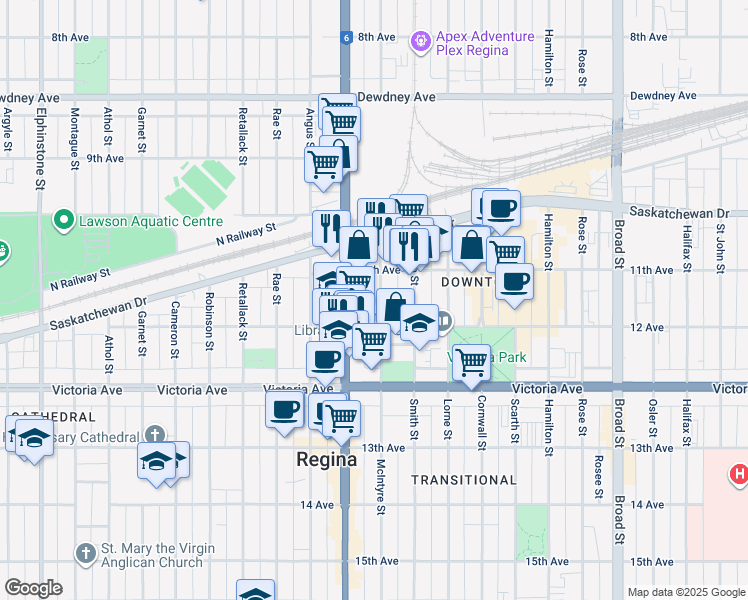 map of restaurants, bars, coffee shops, grocery stores, and more near 1839 Albert Street in Regina