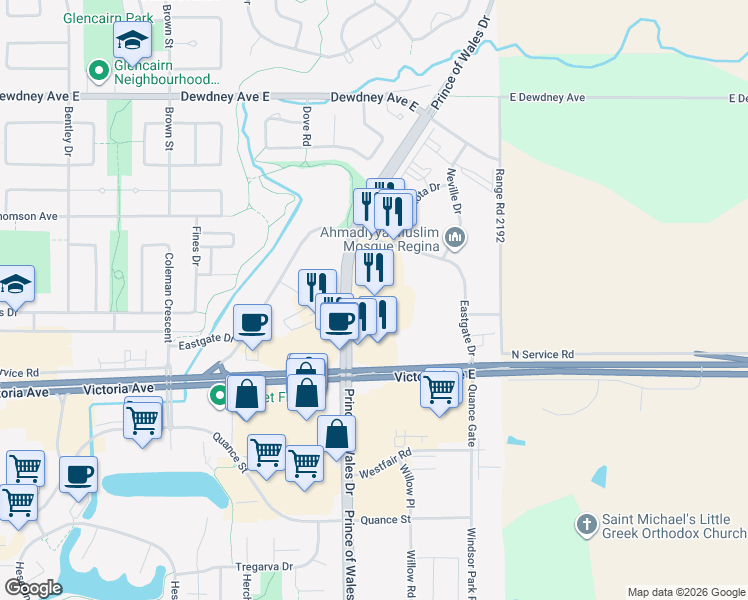 map of restaurants, bars, coffee shops, grocery stores, and more near 1755 Prince of Wales Drive in Regina