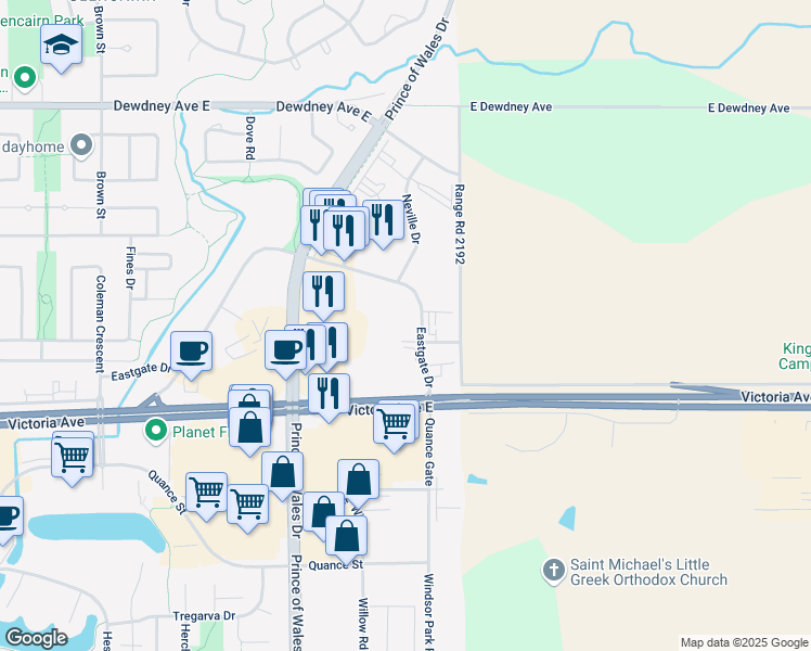 map of restaurants, bars, coffee shops, grocery stores, and more near 3841 Eastgate Drive in Regina
