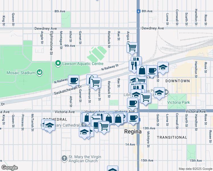 map of restaurants, bars, coffee shops, grocery stores, and more near 1841 Robinson Street in Regina