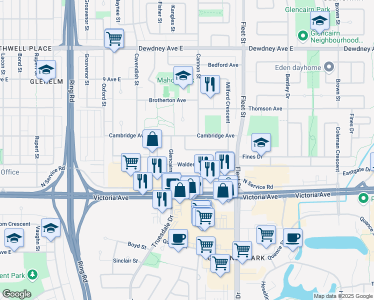 map of restaurants, bars, coffee shops, grocery stores, and more near Daniels Crescent in Regina