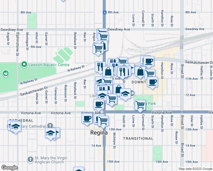 map of restaurants, bars, coffee shops, grocery stores, and more near 1839 Albert Street in Regina