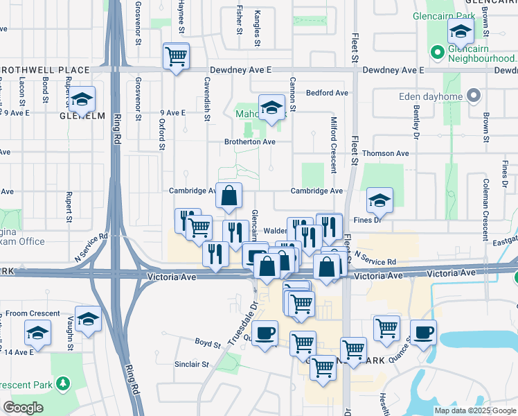 map of restaurants, bars, coffee shops, grocery stores, and more near 123 Glencairn Road in Regina