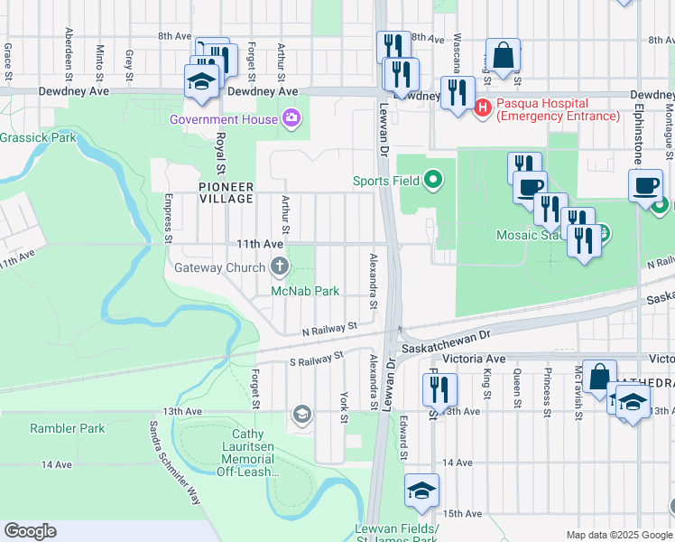 map of restaurants, bars, coffee shops, grocery stores, and more near 1844 York Street in Regina