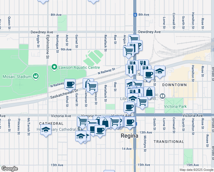 map of restaurants, bars, coffee shops, grocery stores, and more near in Regina
