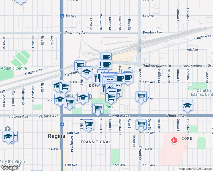map of restaurants, bars, coffee shops, grocery stores, and more near in Regina