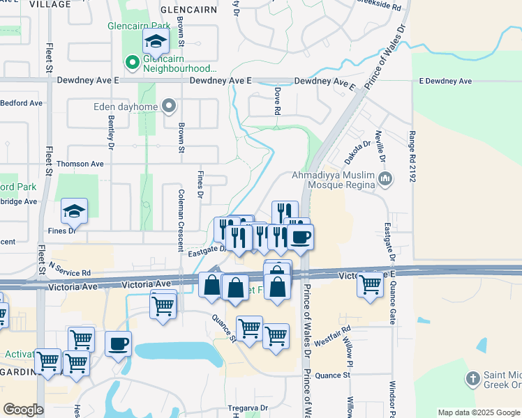 map of restaurants, bars, coffee shops, grocery stores, and more near in Regina